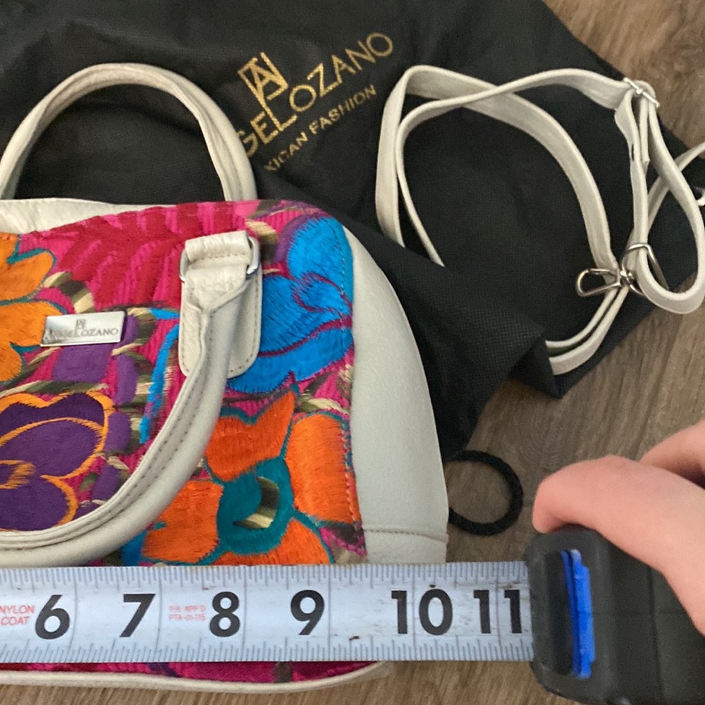 AngeLozano cream pebble leather colorful floral embroidered satchel bag. Boho - Picture 11 of 13
